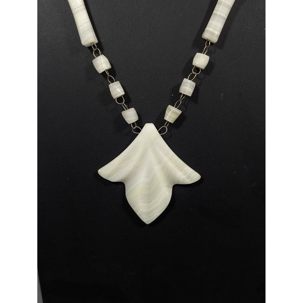 VTG Banded Stone Look Bead Necklace Carved Pendant 28" Boho Neutral Statement